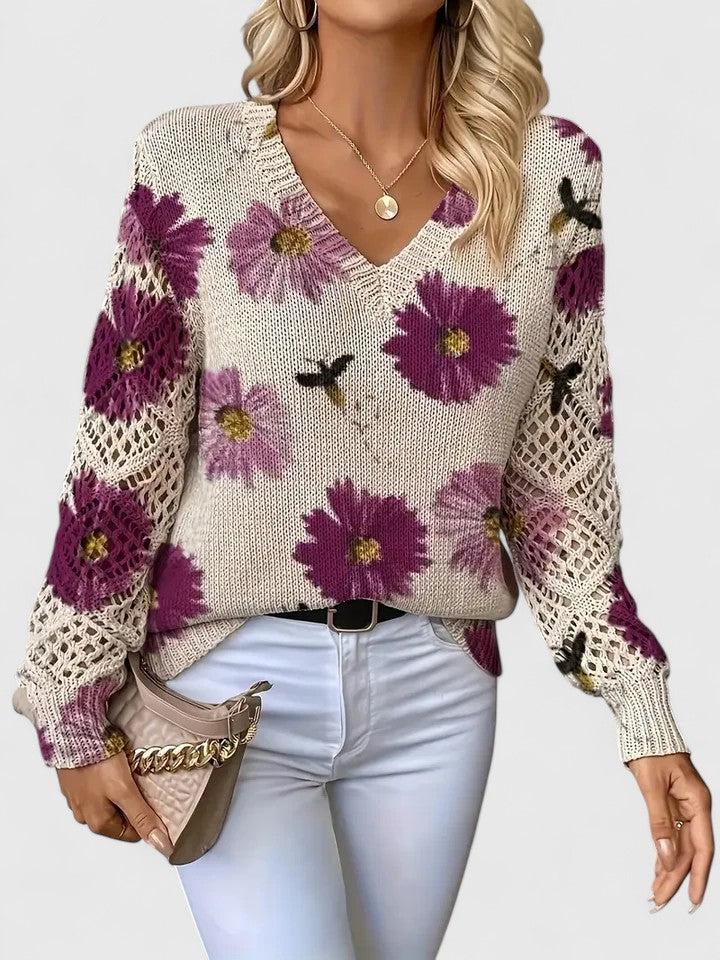 Aurélie | Floral V-Neck Knit Sweater