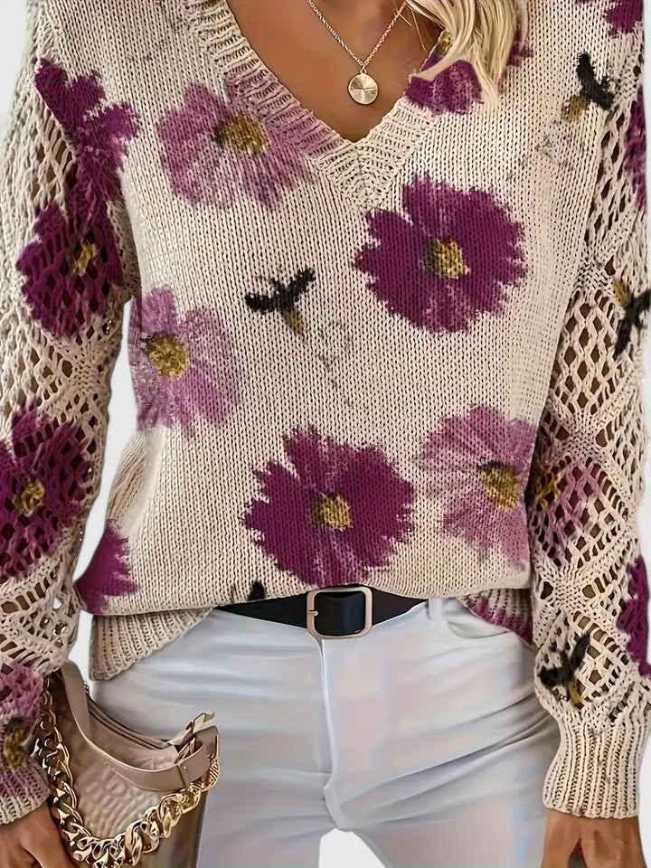 Aurélie | Floral V-Neck Knit Sweater