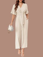 Women's V Neck Tie Knot Front Wide Leg Jumpsuits