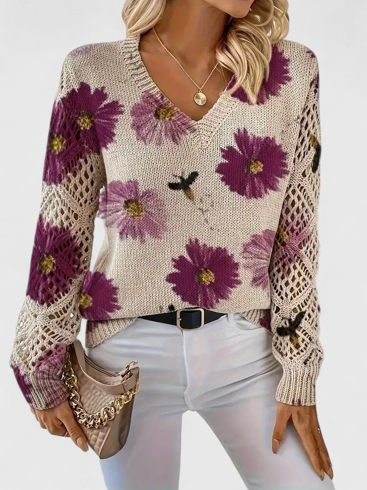 Aurélie | Floral V-Neck Knit Sweater