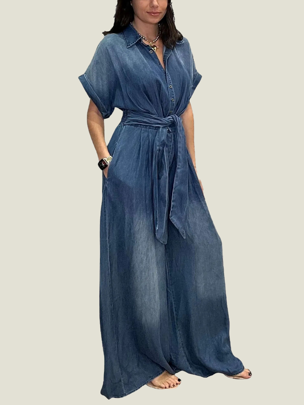 Women's Tie-Waist Wide-Leg Denim Jumpsuit