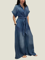 Women's Tie-Waist Wide-Leg Denim Jumpsuit