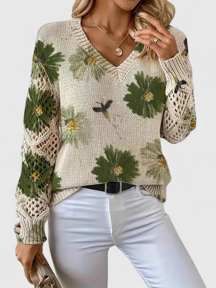 Aurélie | Floral V-Neck Knit Sweater