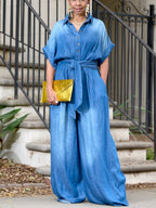 Women's Tie-Waist Wide-Leg Denim Jumpsuit