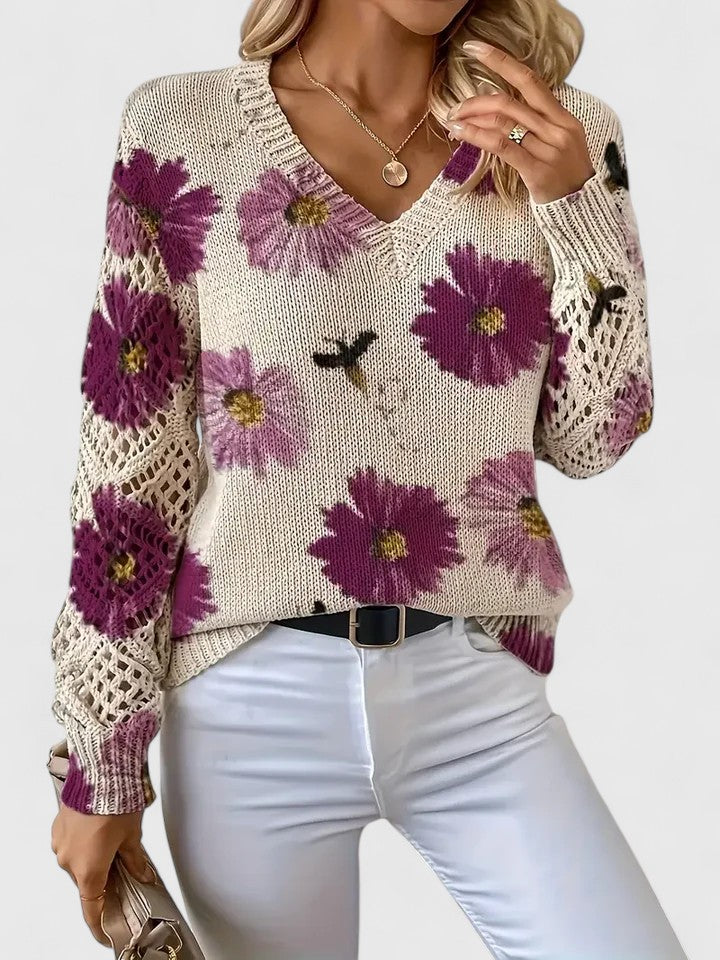Aurélie | Floral V-Neck Knit Sweater